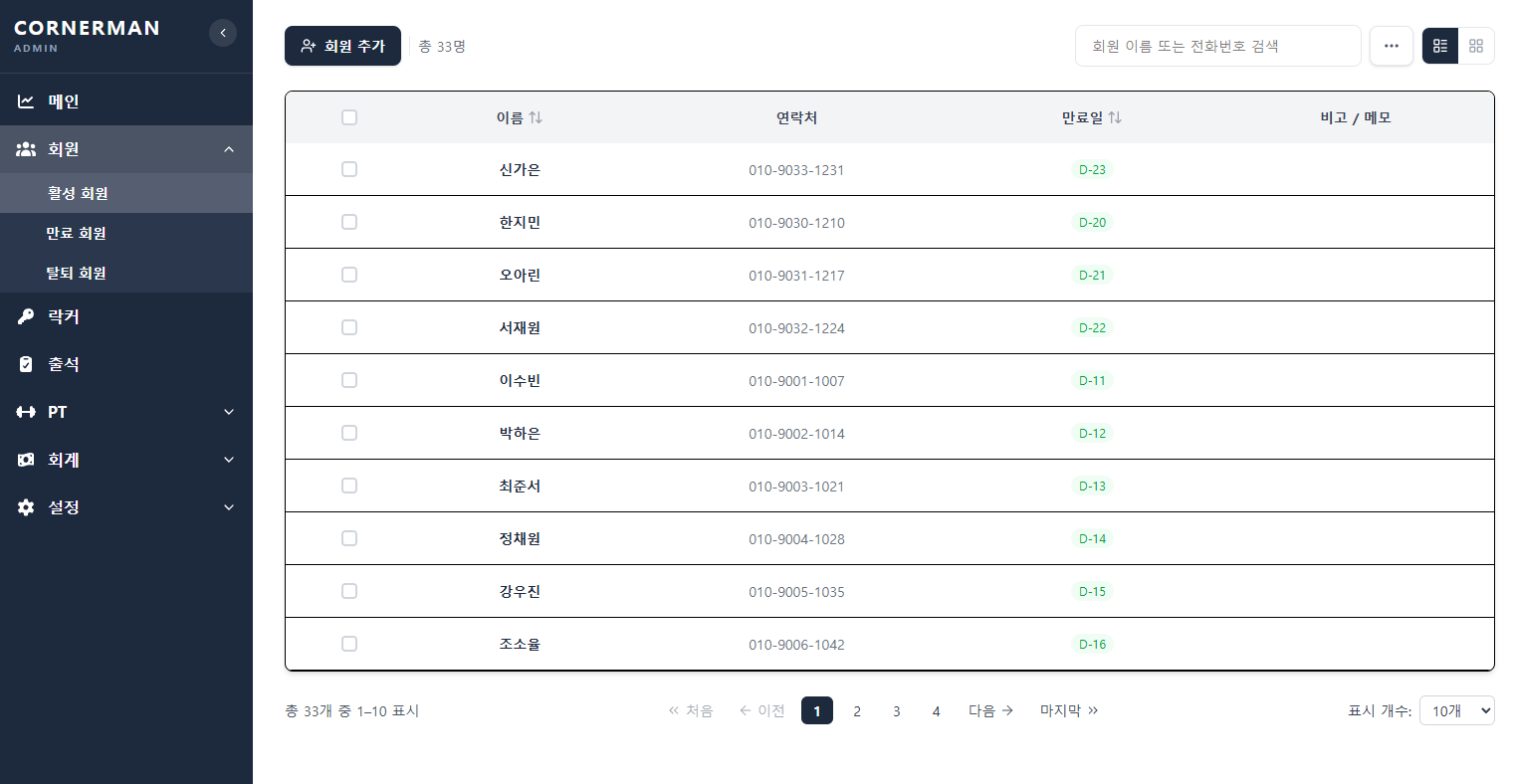 회원권과 이용 기간을 확인하는 회원 관리 화면